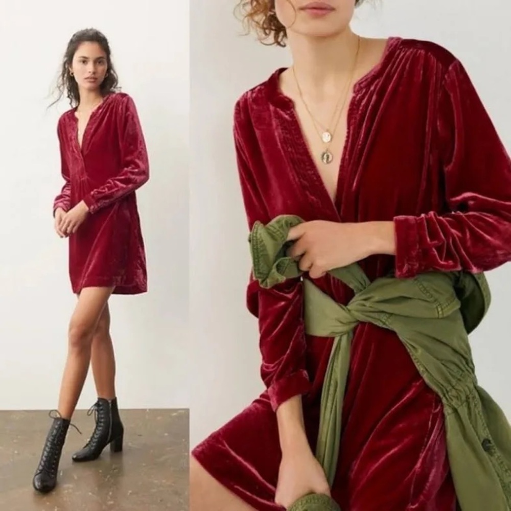 Anthropologie Deep Red Cranberry Velvet Shirt Dress Size M